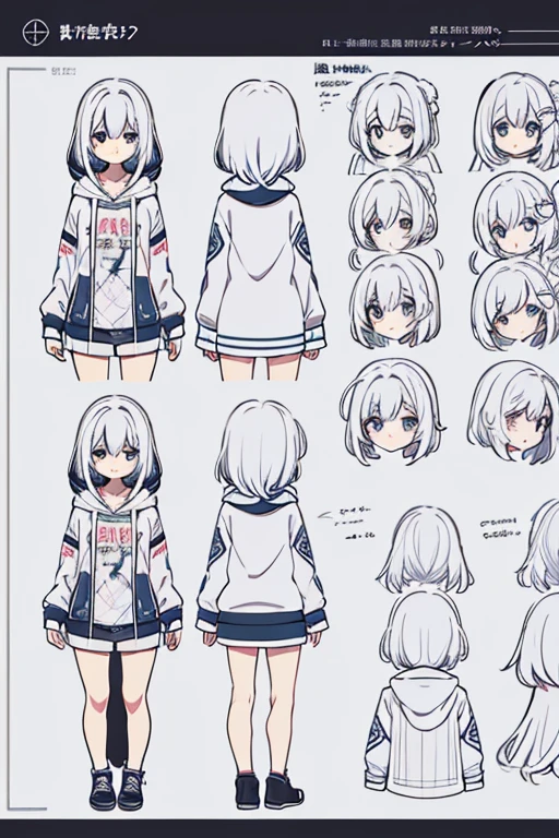 high quality, Detailed, Character Sheet, vector, White Background, Reference Sheet, same characters, Concept Design, No background, Clear Background, whole body,hoodie、simple