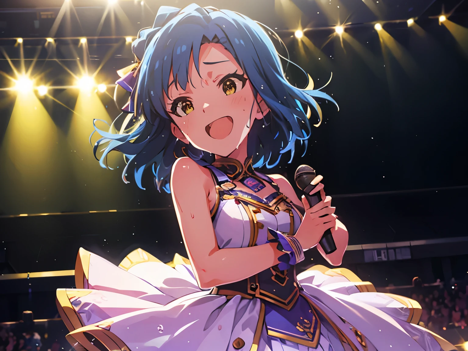 yuriko nanao (million live), 1 girl, Solo, Cute Girl,Best Quality, Ultra-detailed, 8K, High resolution, detailed face, cinematic angle, cinematic pose, smile, happy, singing on the stage, depth of field, (((sweat))),