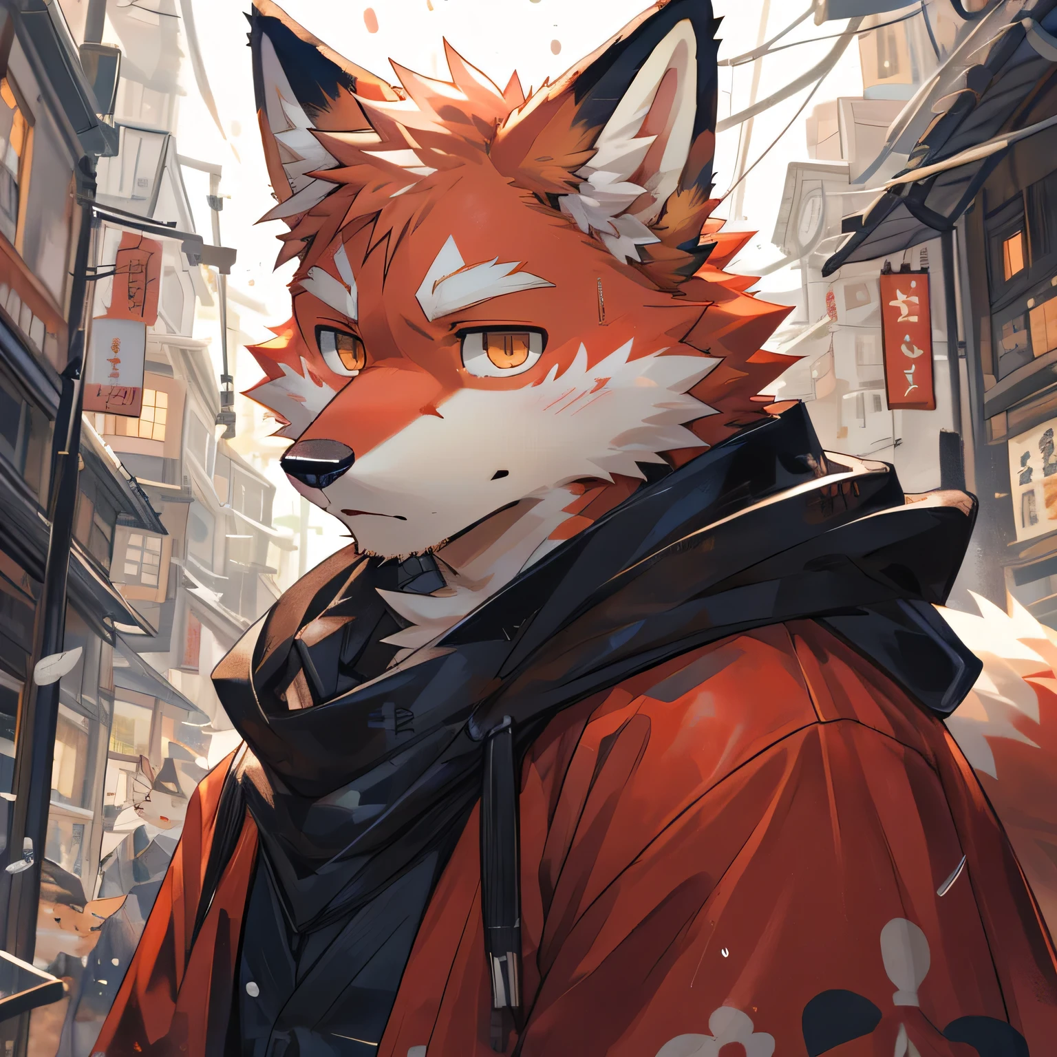 masterpiece，high quality，perfect anatomy，furry，anthro fox，white and red fur，male， niji5，brown pupils，bright eyes，in the rain，detailed face，by kiyosan，close up face