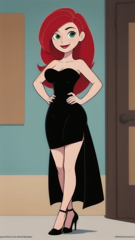 (masterpiece, best quality:1.3), 1girl, looking at viewer, Mary Jane Watson, red lips, upper body, standing, collarbone, bare shoulders, blush, colored skin, Red hair, long hair, absurdly long hair, green eyes, big breasts, (skindentation:1.2), short strapless black dress, (black dress:1.2), hands on hips, pantyhose, red high heels, (high heels:1.2), smile