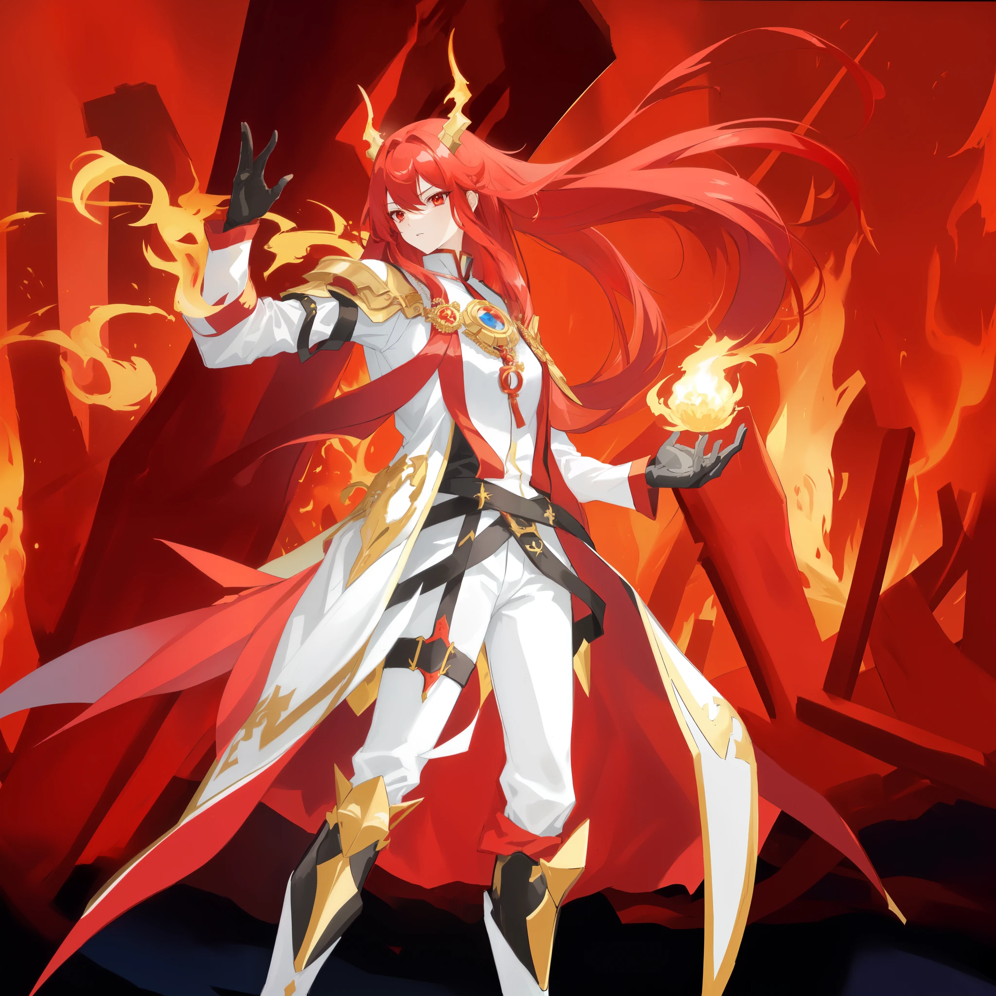 Highest quality,Anime Goddess,Red eyes,Red long hair,她有着demon的角,demon,Serious expression,Anime style red-haired woman image, White pantyhose,fire mage, fire焰召唤装甲, Red lotus rock, fire demon, fire!! whole body, Ruler of hell
