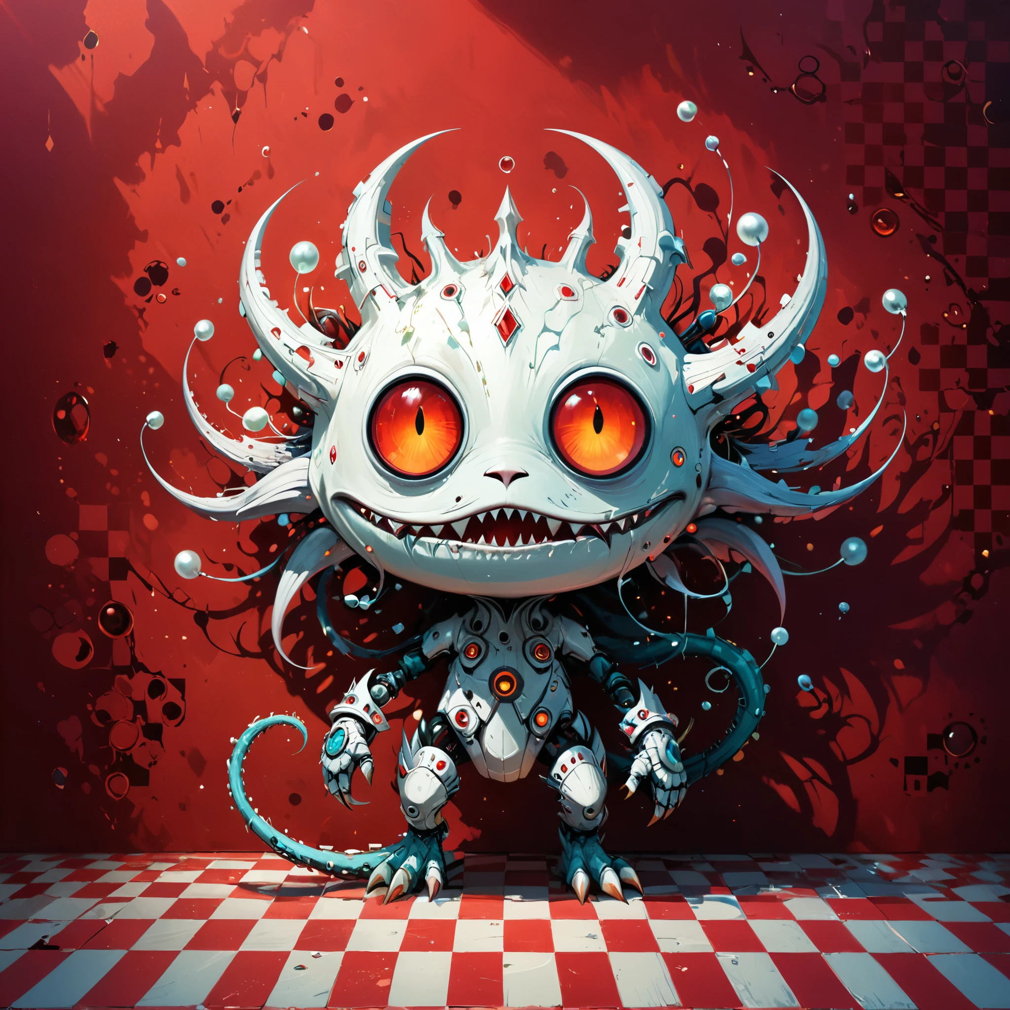 red and white checkered background,(best quality,4k,8k,highres,masterpiece:1.2),ultra-detailed,surrealist style,in style of Daniel Merriam,lovely style biopunk monster concept,character concept design,
BREAK
(full_shot:1.2),negative space composition,
BREAK