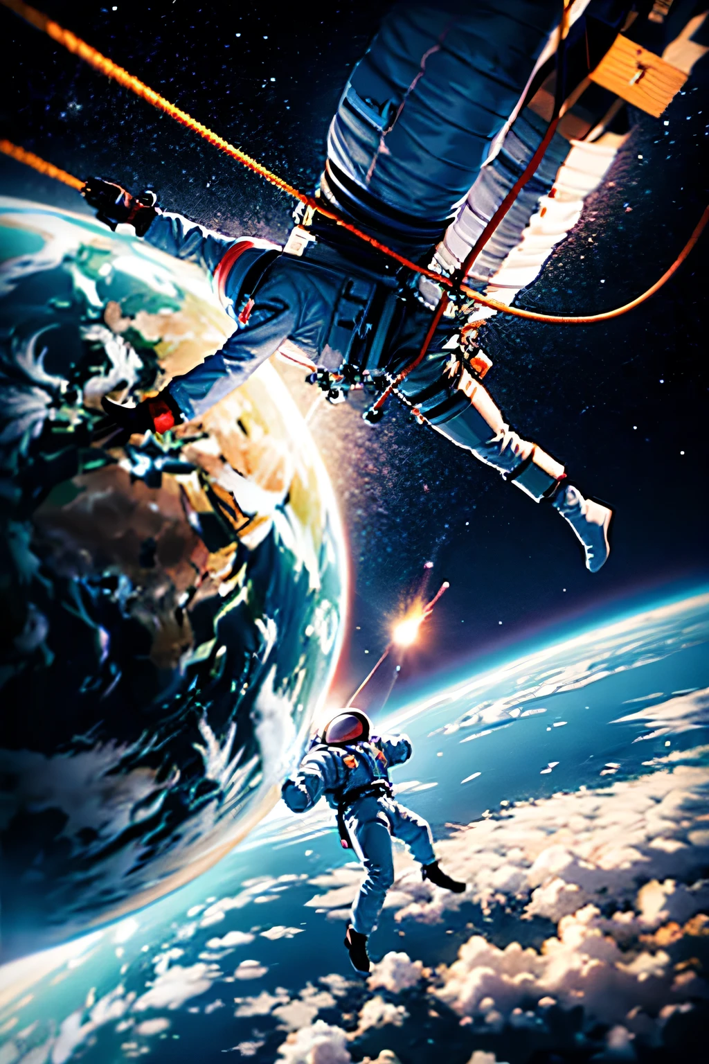 astronaut falling from earth while ropes are connected tothe planet , art style , 8k , uhd , hdr --ar 2:3 --v 4 --ar 2:3