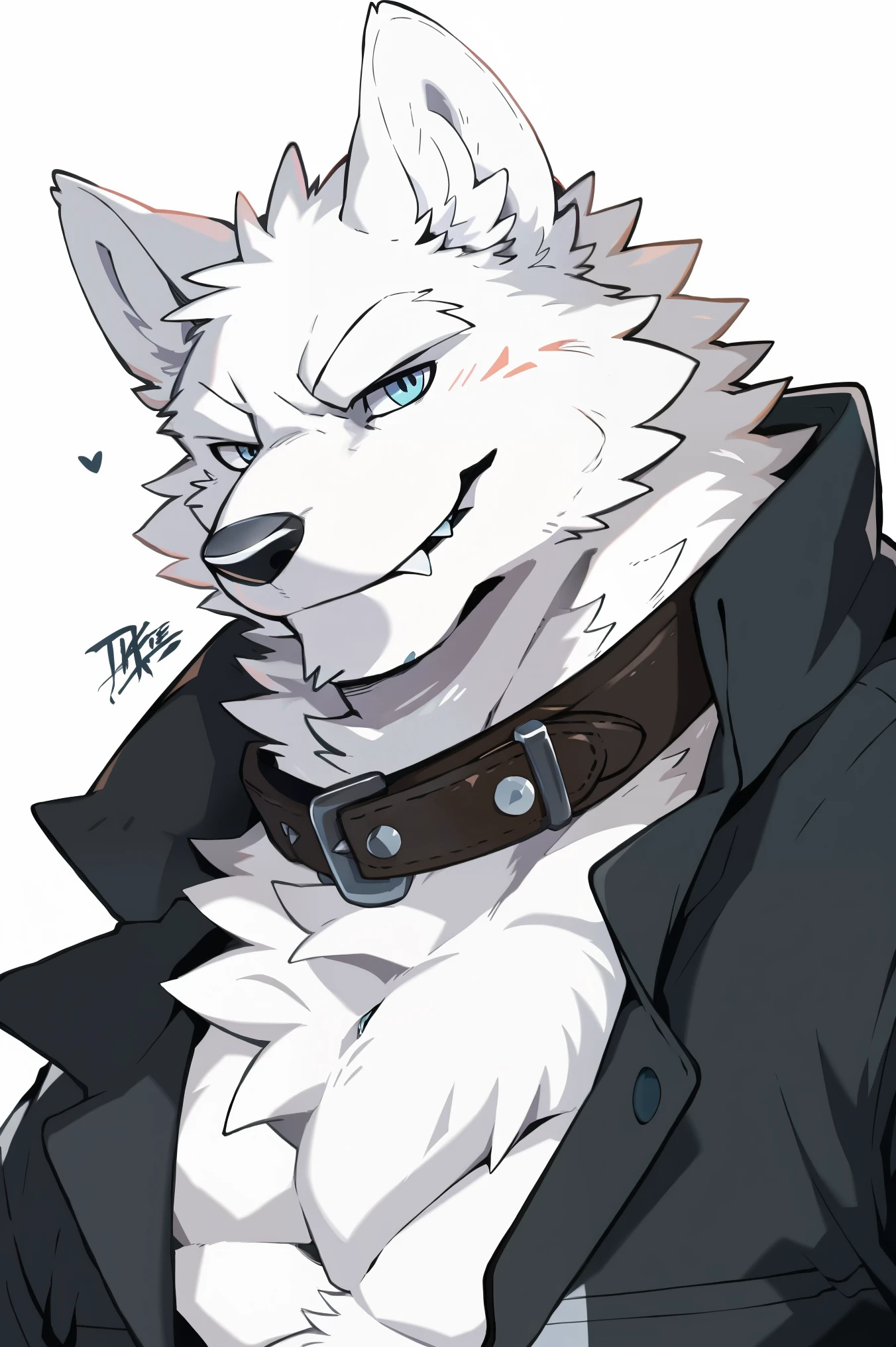 cowboy shot, snow wolf, (all white fur:1.5), solo, Perfect sky blue eyes, Collar, Wearing a white suit, (artist:Takemoto Arashi), Look at the audience, Mature face, elder, Simple background, naughty face, glint, longeyelashes, naughty face, (fang out:1.5), Clear facial details, seductive smile, from side, Tonalism, tachi-e, best quality, UHD, super detail, high details