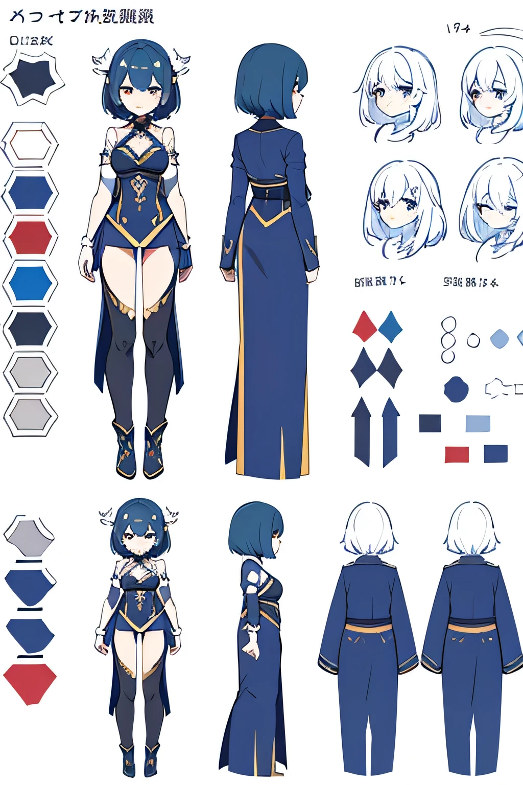 Blue magical girl unique hair medium sized breasts cool one side of head full body dark skin full body concept art with undercut full body anime concept art character sheet