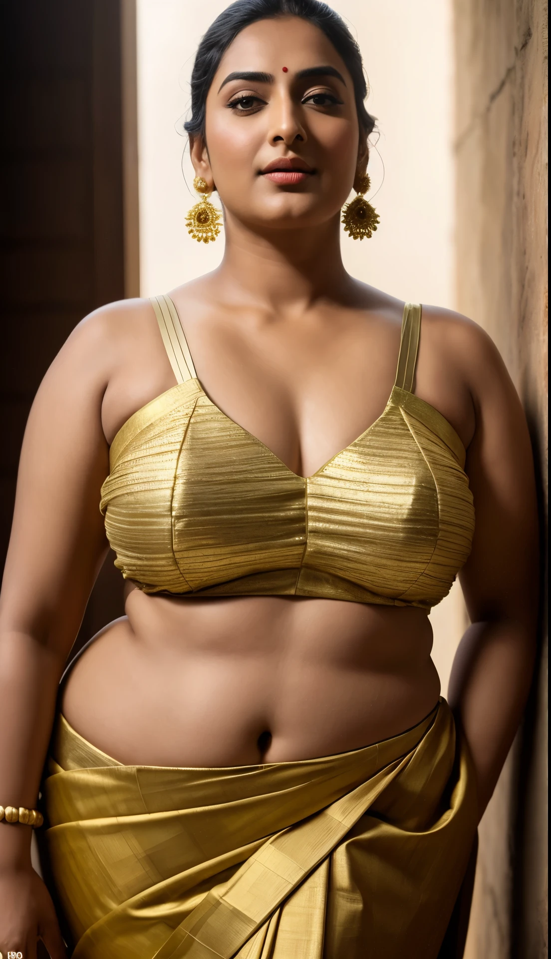 Foto RAW, photorealistic, photography, full body shot, master shot, perfect eyes, goddess like beauty, pierced eyes, perfect thick chubby mallu Desi aunty bhabhi, Wearing a Stanapatta, a chest-band.Saree model, model Photography, Indian saree shoot, Indian traditional wear advertising photography, traditional wear brand shoot, face of Indian actress Sonakshi Sinha, masterpiece, realistic, realism, incredible details, pleasure, photorealism, detailed skin, skin pores, high contrast, photorealistic Artstation 8k HD digital art trend of high definition and detailed realistic skin texture, ultra detail, realistic skin texture, armature, best quality, ultra high definition, (photorealistic:1.4),, high resolution, detail, raw photo, sweat, Re sharp, by Lee Jefferies Nikon D850 Film Stock Photo 4 Kodak Portra 400 Camera F1.6 Lens Rich Color Ultra Real Realistic Realistic Textures Dramatic Lighting Unreal Engine Trending at Art Station Cinestill 800,(pele altamente detalhada: 1.2), 8k UHD, DSLR, soft-lighting, alta qualidade, grain of film, Fujifilm XT3,she didn't like to wear blouse or bra, she is happy to wear only saree, she hates blouse or bra, detailed hairy armpits, hyper realistic skin, skin pores, sweat, veins,
