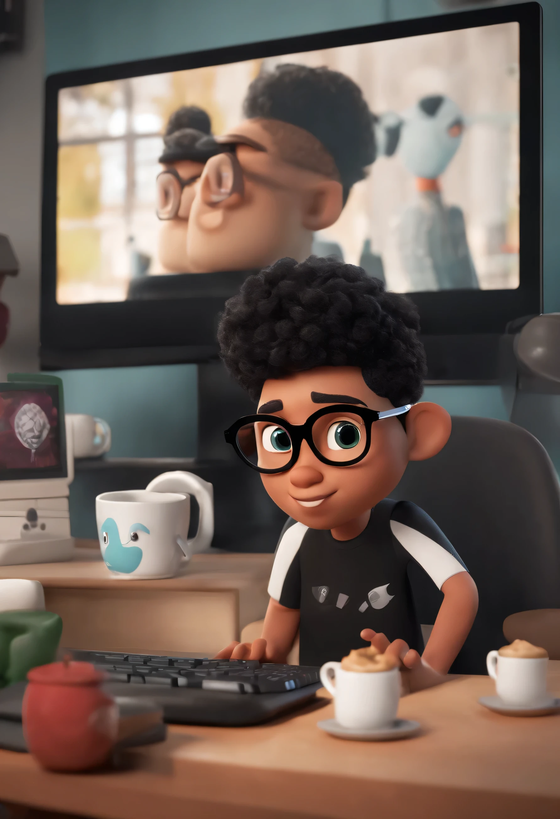 "Create a Disney Pixar-style 3D character. The young individual is seated in front of the BoxCred company's computer, wearing a stylish black and white shirt and round glasses. In the background, there's a mug with the BoxCred logo."