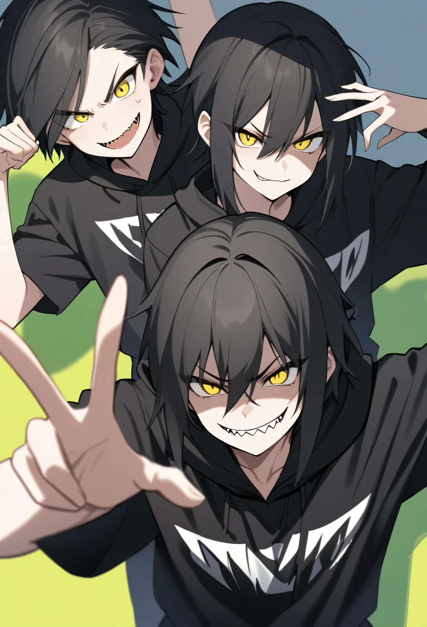 Androgynous, teenager, very short black hair. Yellow eyes, sharp teeth, hostile smile. Men's black clothing, cool pose (best quality).