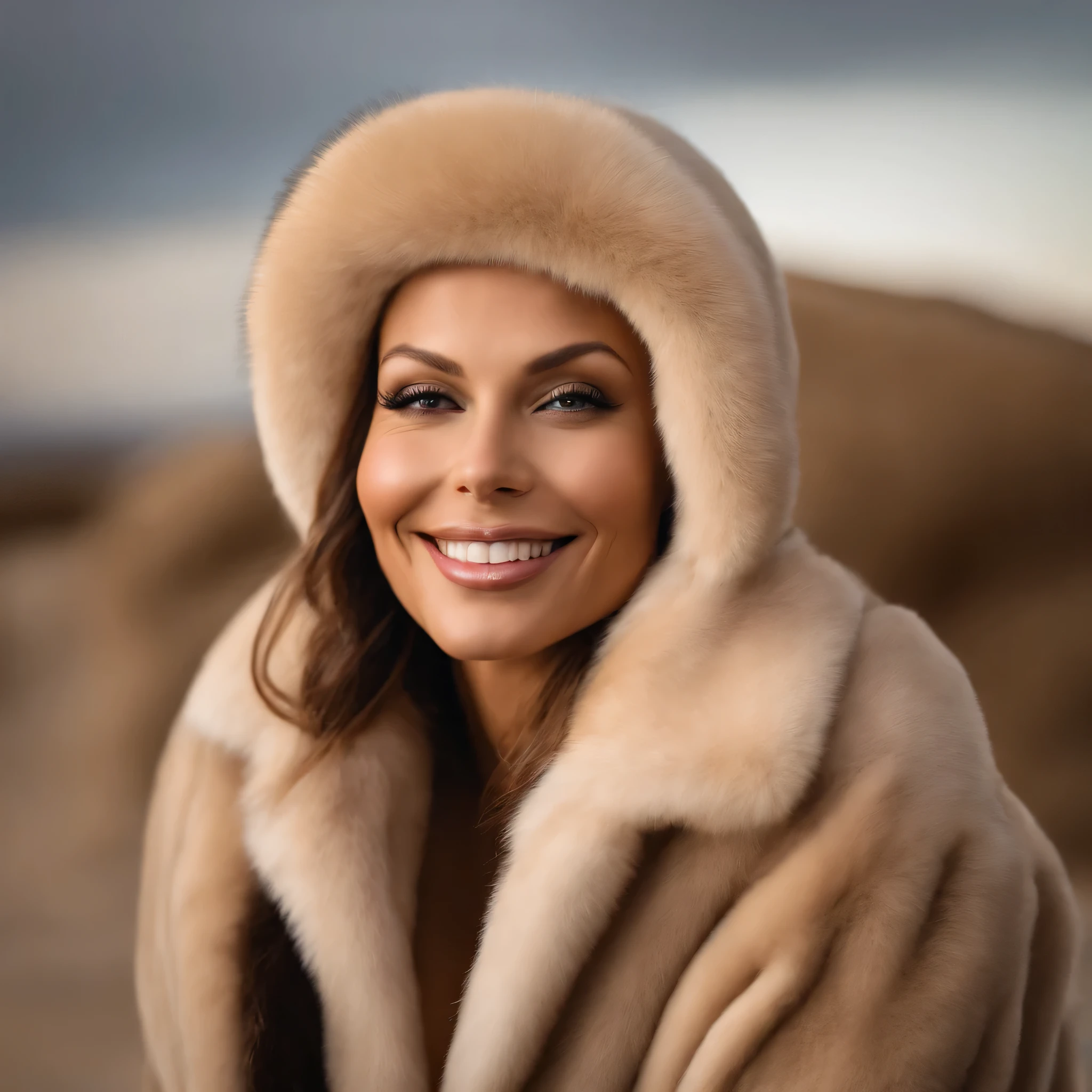 35 ans,(Une MILF:1.2), visage rond, un regard captivant, yeux verts, cheveux blonds,A very wide and very thick, very short sand mink fur coat, fifty centimeters thick, duveteux, naturel, with an ultra thick white and sand mink fur collar, three layers, souriante, fully nude front view, bare shoulders, and two large breast discovered by the fur, Ornella Muti jeune, Detailed wrinkles (8K, high resolution, Ultra-quality, A quality of'image ultra élevée, ultrarealistic, best quality:1.2) (gros seins en bonnet D:1.1), eyes visible through the hair, with silver gray hair, bobbed hair, Bonne position des yeux, cinematic light, Soft light, lombes, la nuit, detailed color background, Convoluted, Very detailed, 8K, Overall Silhouette, posant professionnellement sur un canapé penthouse, En regardant directement la caméraUne photo d'une femme souriante Nikon D850, objectif 85 mm