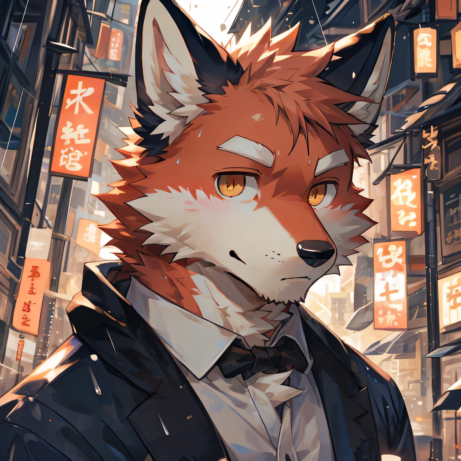 masterpiece,high quality,perfect anatomy,furry,anthro fox,white and red fur,male, niji5,brown pupils,bright eyes,in the rain,detailed face,by kiyosan,close up face