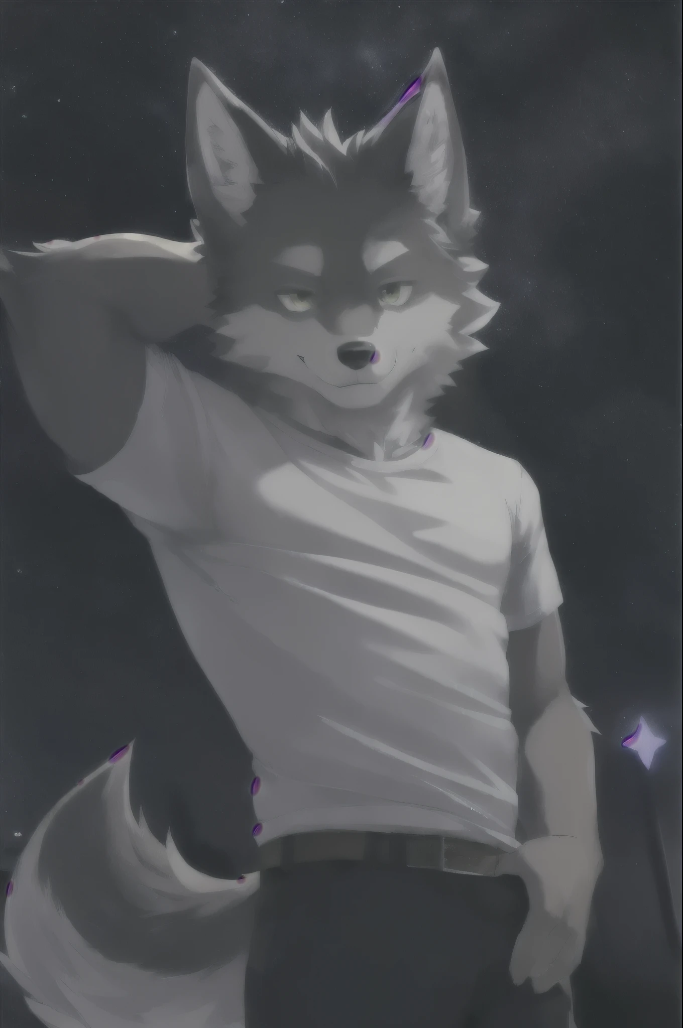 male wolf, alone, shirt, trousers, cute smile, night background, star, Masterpiece, hired, High quality, Crazy light