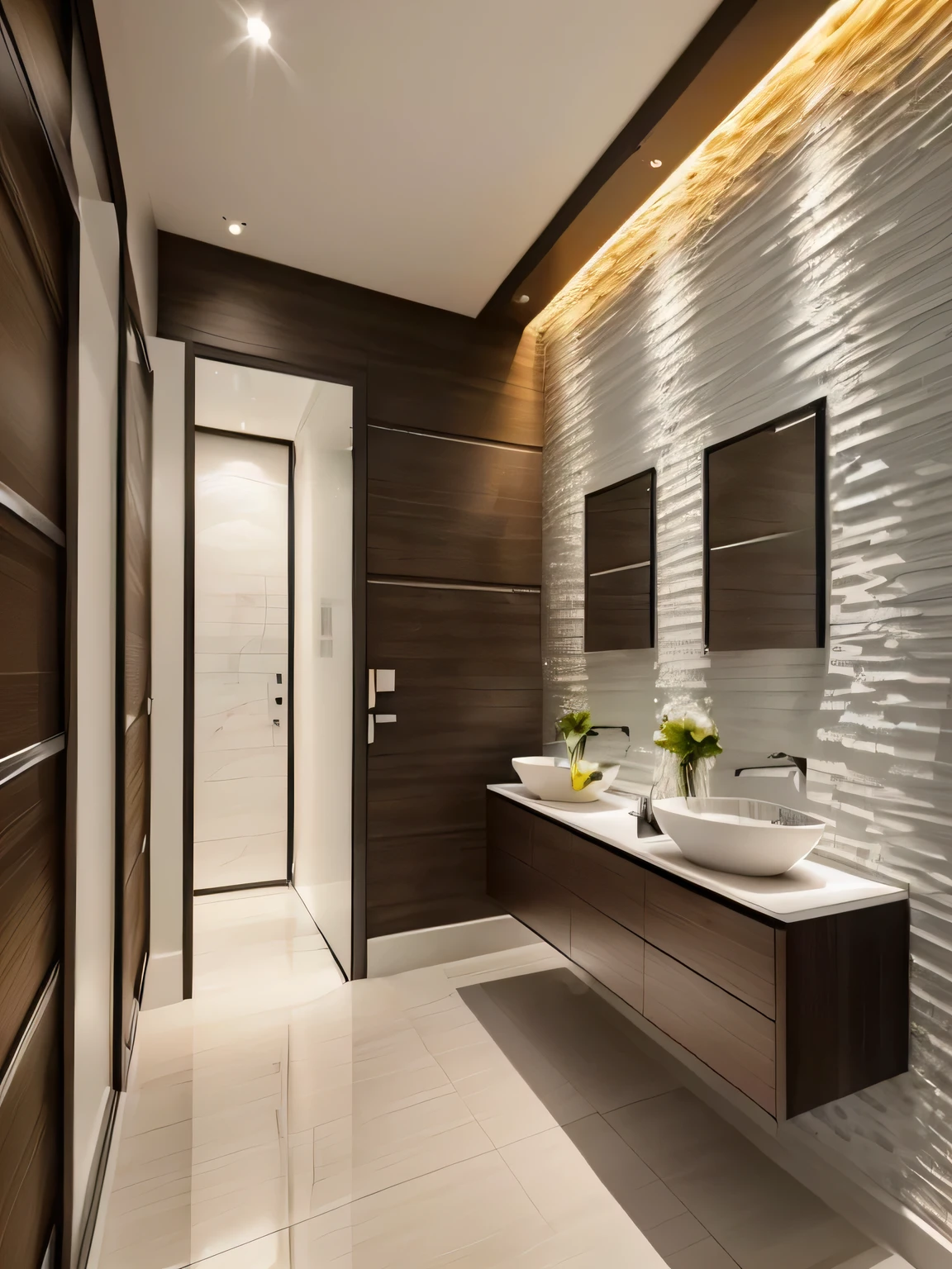 there is a bathroom with two sinks and a mirror in it, contemporary design, modern bathroom, pristine and clean design, clean and pristine design, premium bathroom design, contemporary, modern design, elegant minimalism, modern details, simple clean lines, modern minimalist, minimalist design, award winning interior design, well lit 3 d render, modern style, minimalistic, modern and minimalist