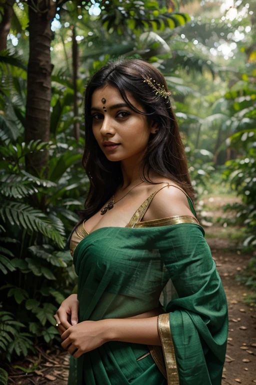 Women with full saree fully clothed with ornaments within a green forest with great confidence on her face