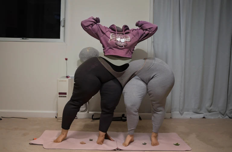 Full body shot of Living yoga pants, thick muscular legs, many legs, extra legs just bottom half, many extra megs, four legs