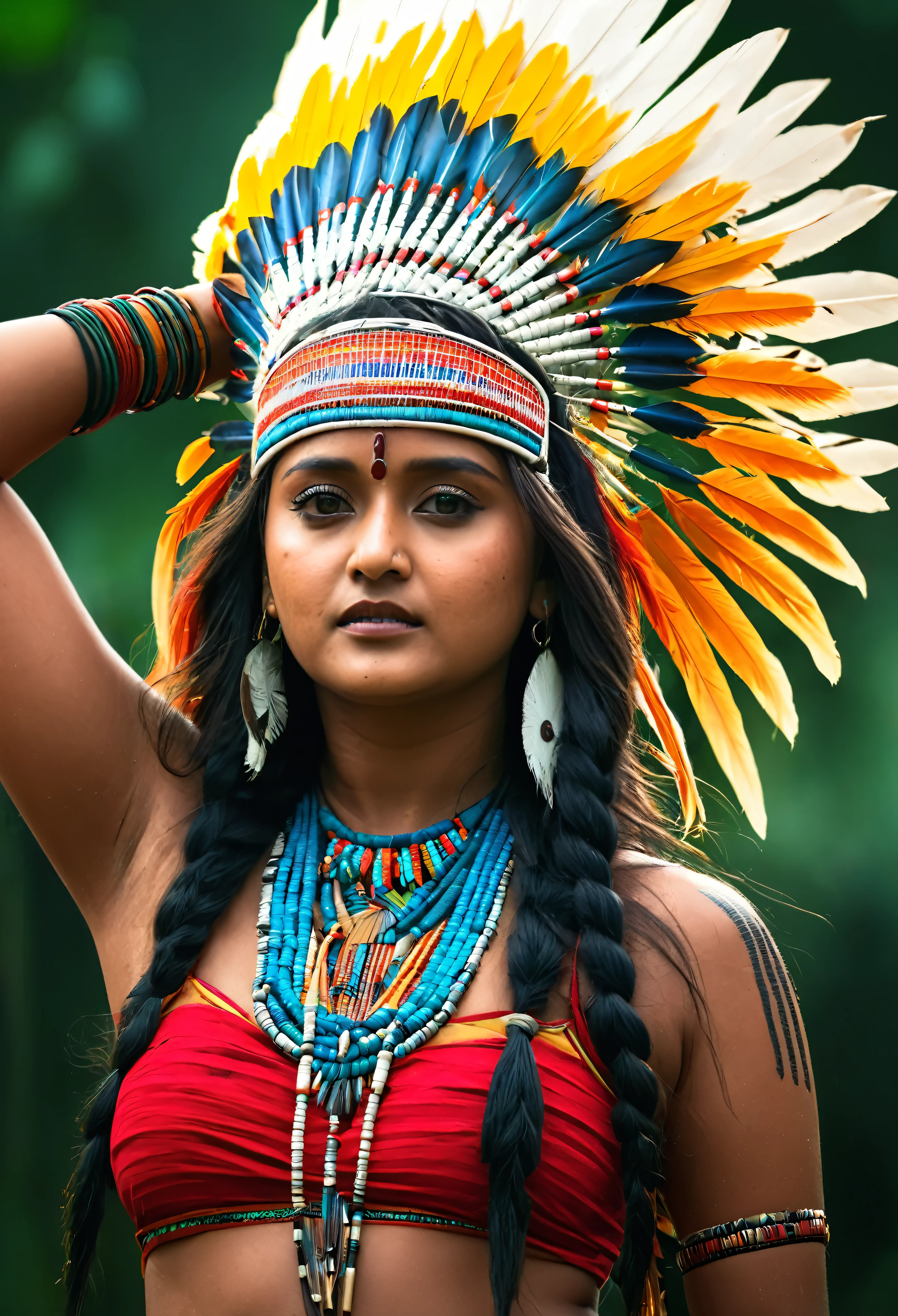 Foto RAW, looks like Anushka Shetty with realistic Indian headdress , tribal girl, stunning looks, tribal headdress, tattoos, colourful tribal tattoos, tribal white girl, Polynesian tribe, best quality , best cinematic colour grading, detailed lighting, high resolution , (pele altamente detalhada: 1.2), 8k UHD, DSLR, soft-lighting, alta qualidade, grain of film, Fujifilm XT3, highly detailed armpits, armpits hair,