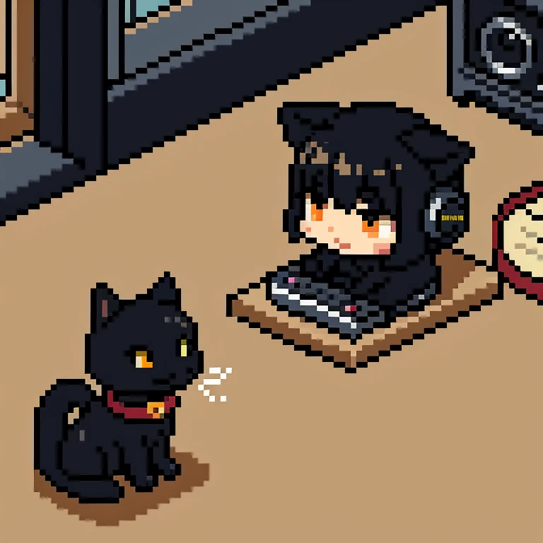 (Pixel ART) black cat listening to music