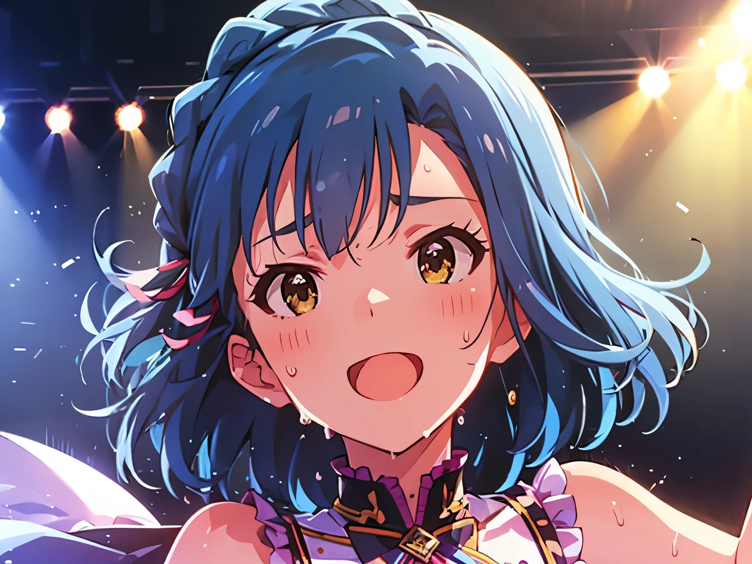 yuriko nanao (million live), 1 girl, Solo, Cute Girl,Best Quality, Ultra-detailed, 8K, High resolution, detailed face, cinematic angle, portrait,smile, happy, singing on the stage, depth of field, (((sweat))),