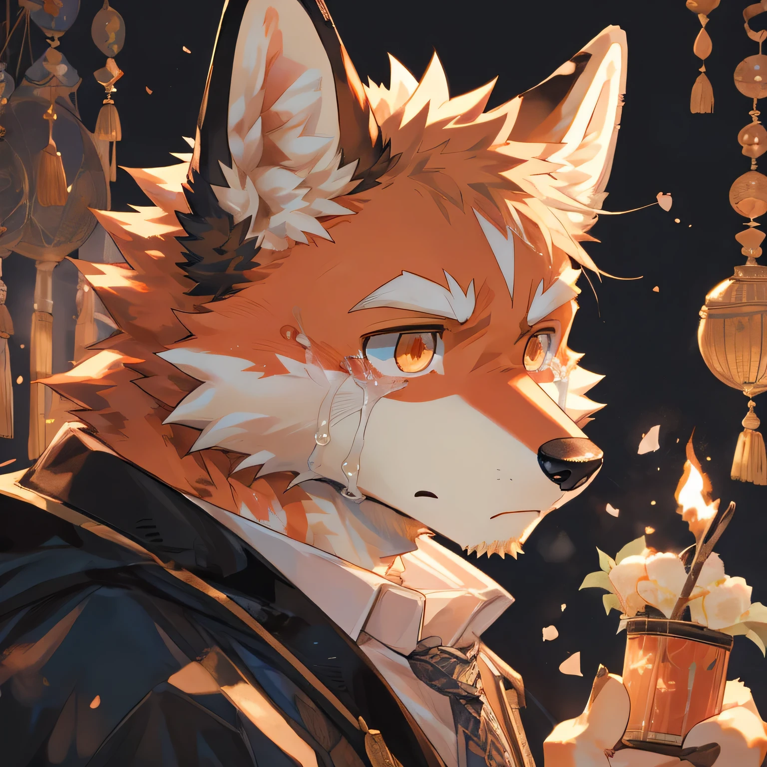 masterpiece,high quality,perfect anatomy,furry,anthro fox,white and red fur,male, niji5,brown pupils,bright eyes,crying,detailed face,by kiyosan,close up face