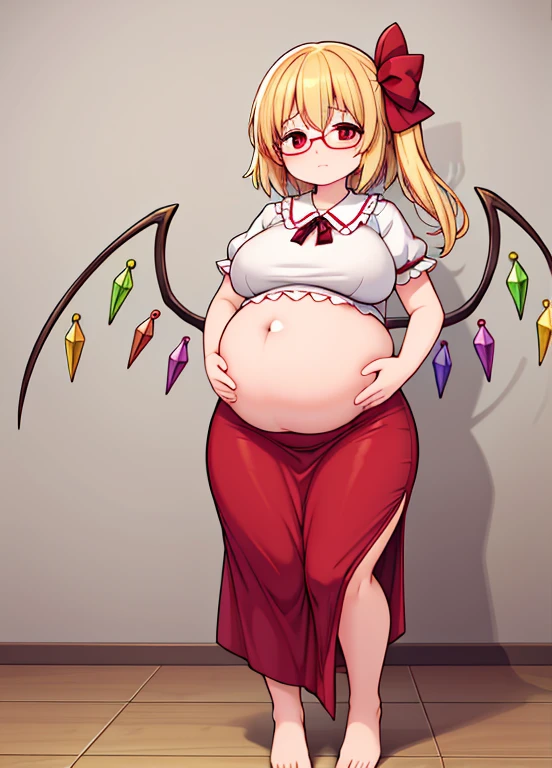 (masterpiece, best quality, highly detailed), 1girls, big belly, huge belly, art by kipteitei, round belly, chubby, curvy, belly grab, enormous belly, fat belly, thicc, bigger belly, really big belly, jiggly belly, (pregnant), (very tired, exhausted), thight blouse, skirt, glasses, barefoot, ((full body)), (grown up), ((milf)), flandre scarlet