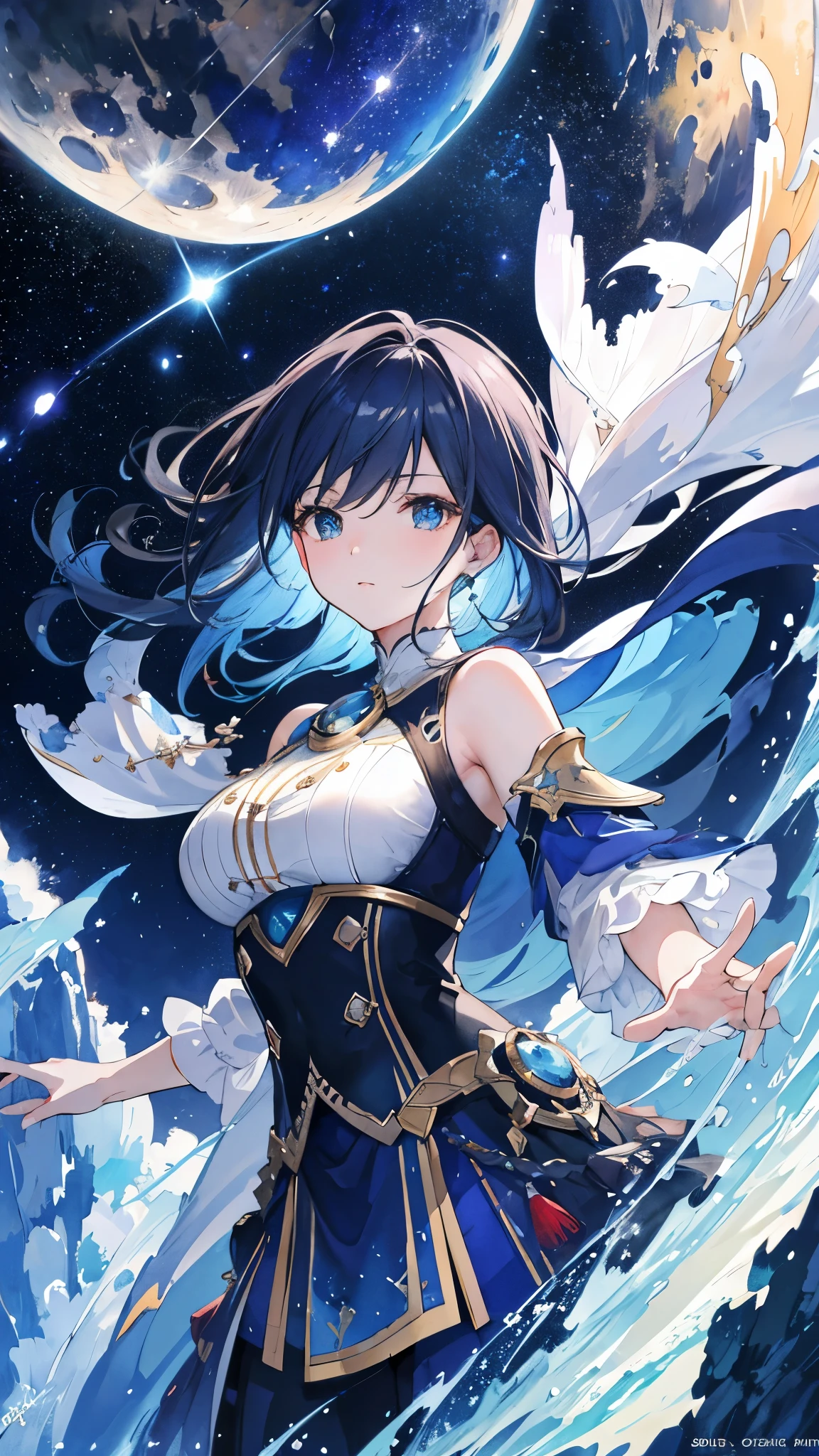 (masterpiece, highest quality), (Detailed Hair), watercolor, Big breasted, Vast landscape photography, 4K, (Dynamic configuration:1.4), Very detailed, masterpiece, One girl, universe, Concept Art, Shining Lights, Vast landscape photography, Atmospheric lighting, dream-like, Magic, one person, full moon, shooting star, nebula, Presented from above, Intricate details, universeの美しさ, Bright blue, black, Strong light, midjourney