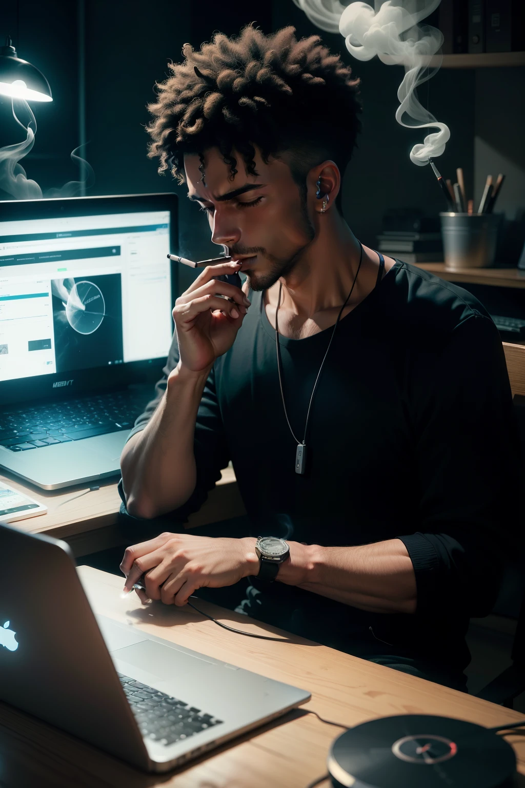 a man in a dark room listening to music on Spotify in front of a laptop while smoking a cigarette