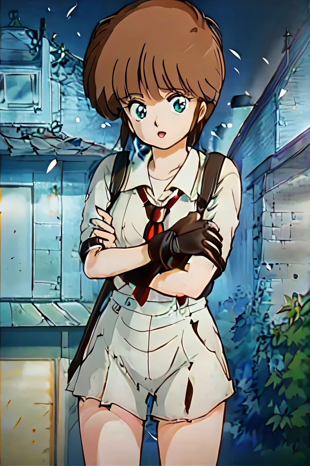 Highly detailed RAW full color high quality wide-angle 16mm photograph top view from above of (((1girl))) wearing ((ghostbuster uniform)) ((proton pack)) ((crossed arms leaning against ecto_1)) inside fire station garage (((at night))), ((midnight)), ecto_1 headlights on emergency lights on tinted windows, large breasts, ((cinematic, studio lighting)), intricate, photorealistic, clean, clear, hyper-realism, hyper-realistic, high-res, 4k, 8k, dramatic, epic composition, sharp focus, shallow depth of field, bokeh, ((nighttime)), professional, HDR, lens flare, (((green supernatural lighting in sky))), ((interior lights on))