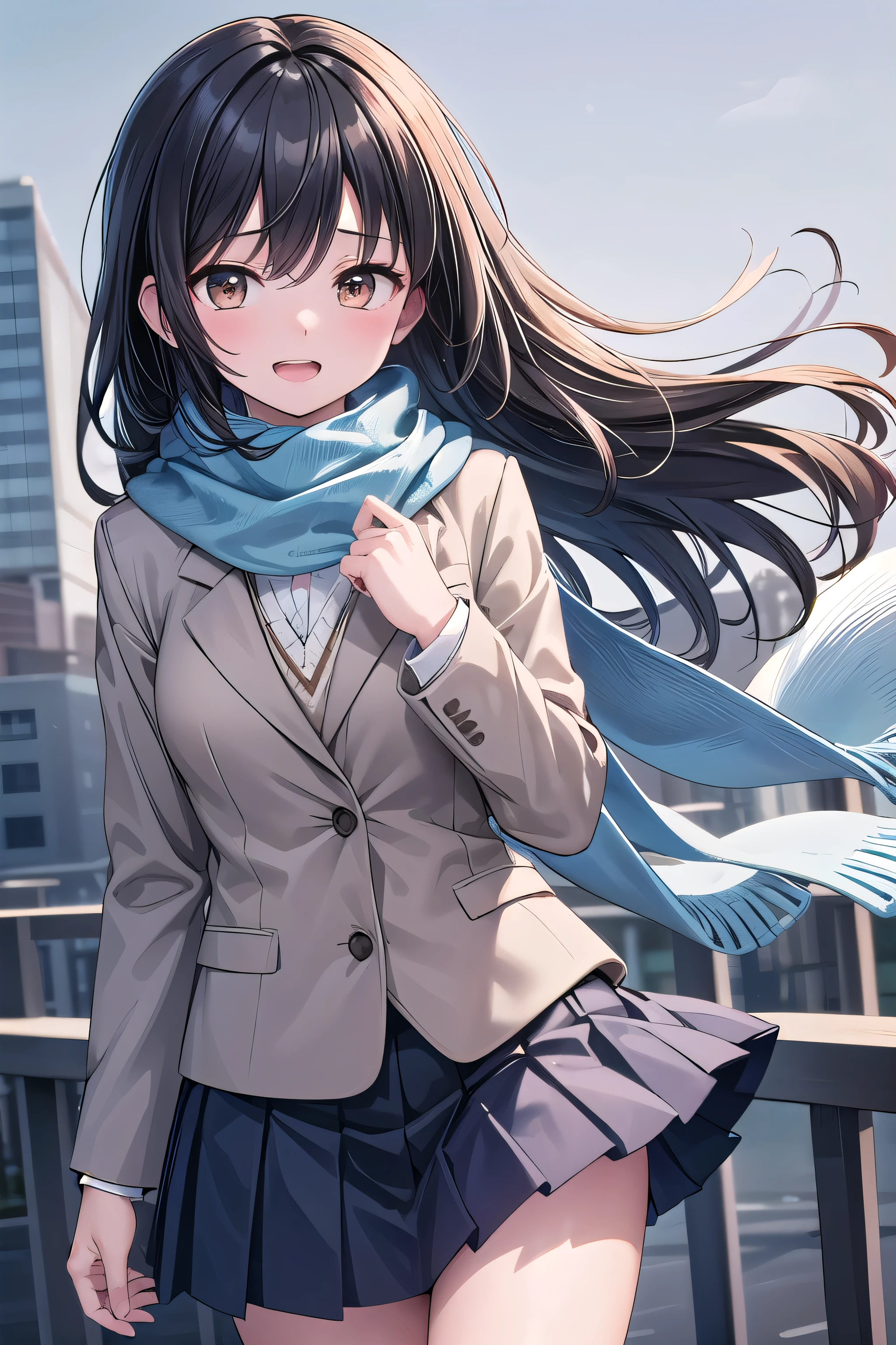 Solo Girl,Cowboy Shot, 20-year-old, Long Hair,View Viewer, Black Hair, Brown eyes, Mid-chest, Happy,Fluffy scarf,,Dark blue pleated skirt,  Dark Blue Blazer,Flowing Wind,Moaning, Outdoor, School, highest quality, High resolution, Very detailed, Detailed Background, Perfect lighting