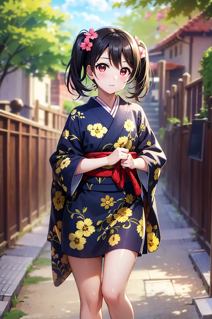 masterpiece, best quality, 1girl, solo, long kimono,  on the festival,, yazawa nico, twintails, short hair, black hair, red eyes, small breast asutepiece, Highest Quality, on the night, realistic, cherry tree background, full hd, full body shot, 18 year old girl, adult girl