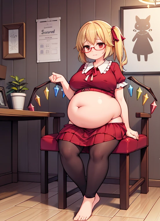 (masterpiece, best quality, highly detailed), 1girls, big belly, huge belly, art by kipteitei, round belly, chubby, curvy, belly grab, enormous belly, fat belly, thicc, bigger belly, really big belly, jiggly belly, (pregnant), (very tired, exhausted), thight blouse, skirt, glasses, barefoot, ((full body)), (grown up), ((milf)), flandre scarlet