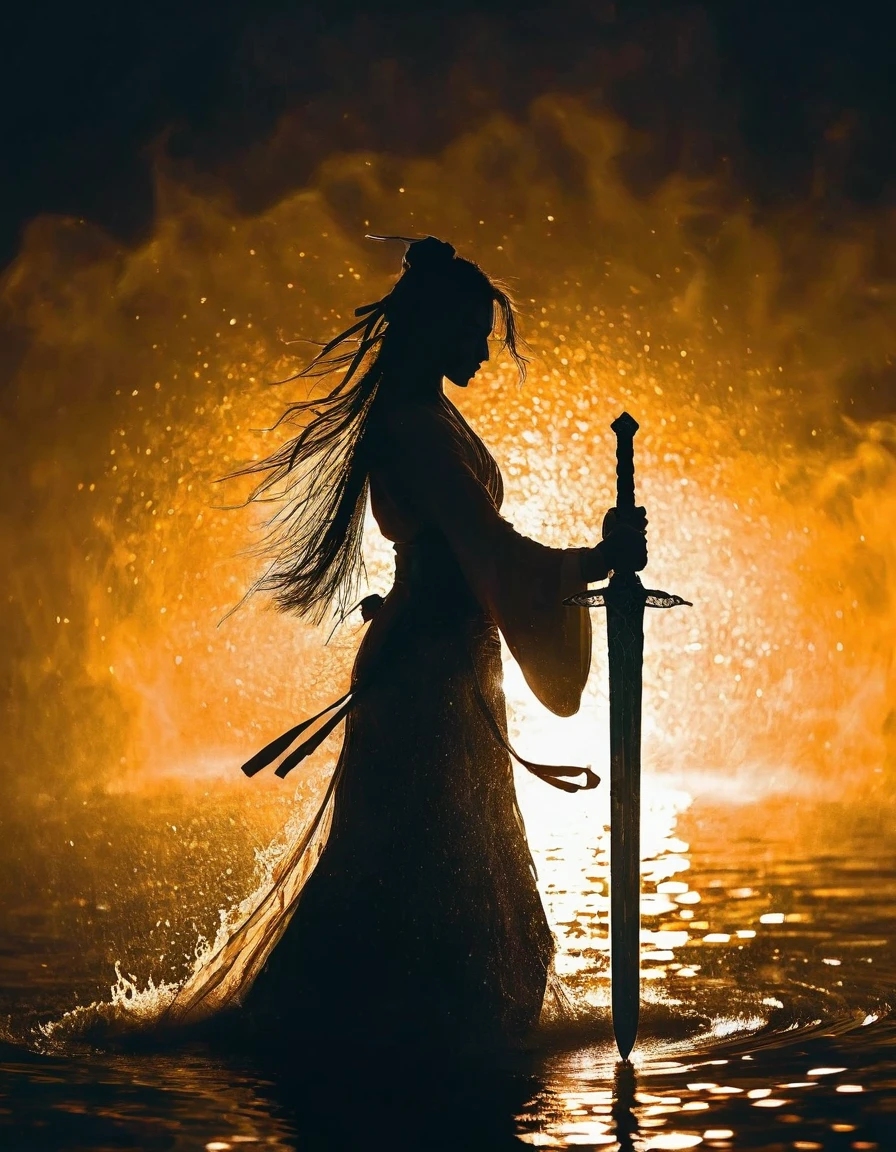 (Heroine dancing sword silhouette:1.5),Anatomically correct，Glowing sword,(moving posture),Hold the hilt of a sword in your hand，1sword，solo，on the lake，high contrast, movie lighting, Enigmatic Atmosphere,， corrugation，(Splashing water;1.4)，a moon，Motion Blur，swordsman，Kungfu，Black silhouette，Glowing sword blade made of ruby，