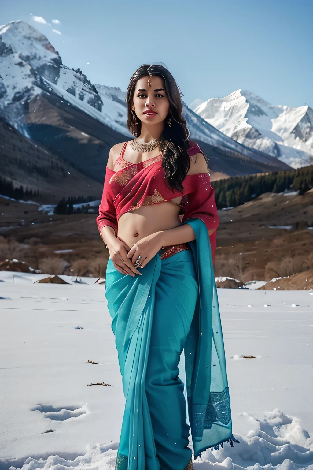 "Generate an image of a woman fully clothed in a saree, adorned with ornaments, standing confidently in a snow mountain setting. She should have blue eyes, red lips, and a beautiful face."