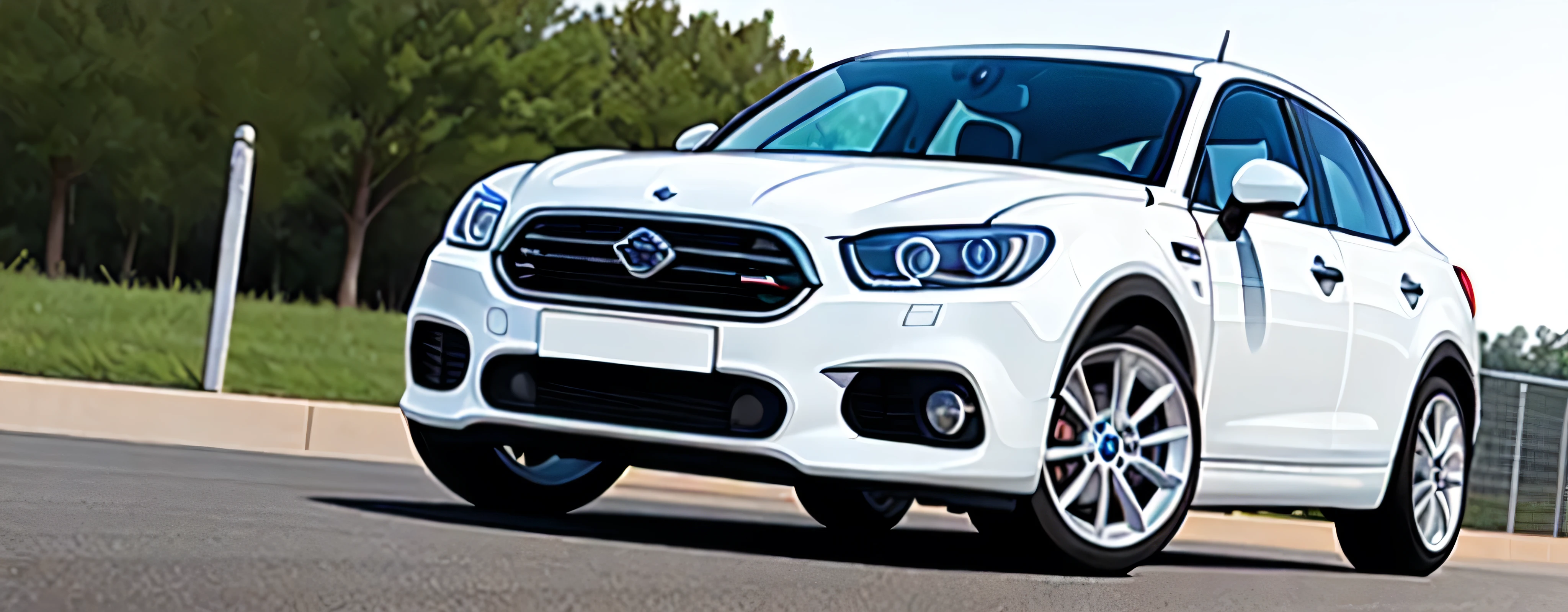 a white mini cooper hatchback parked in a white room with a white background and black front bumper, Cornelisz Hendriksz Vroom, Acabamento fosco, a digital rendering, panfuturism, car, Vehicle