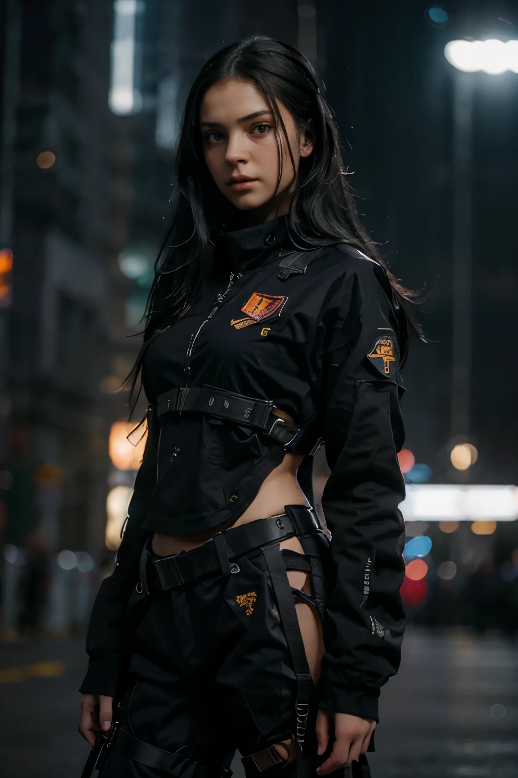 photorealistic:1.4, masterpiece, best quality, solo, Detailed face:1.2, perfectly proportions, photos realistic, ,Photo of mature Ukraine college girl, raw , long black hair, techwear, blurry background, eye focus, cowboy shot, huge city background, facing front, dramatic light, cinematic light, realistic, realism
