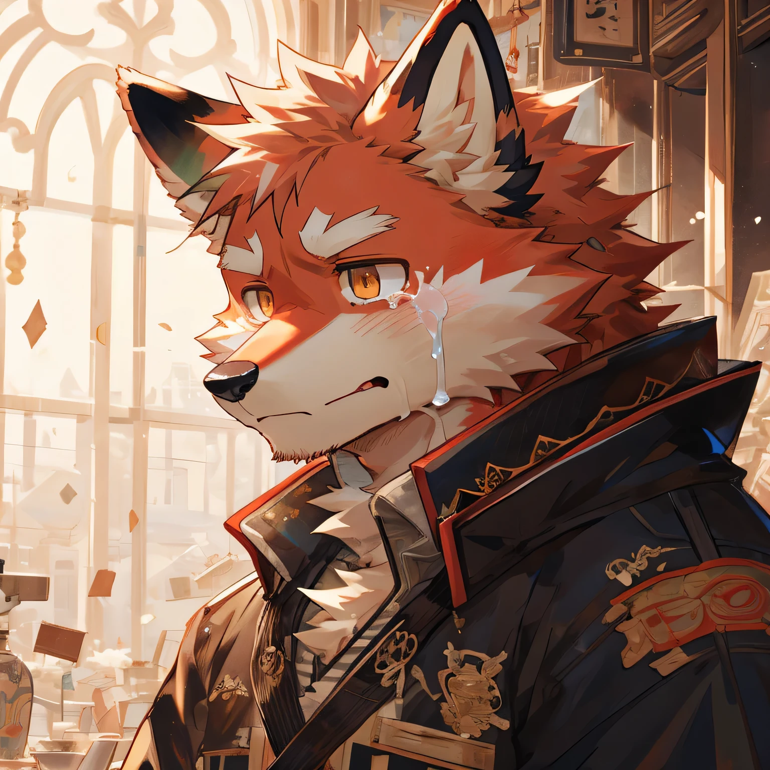 masterpiece，high quality，perfect anatomy，furry，anthro fox，white and red fur，male， niji5，brown pupils，bright eyes，crying，detailed face，by kiyosan，close up face