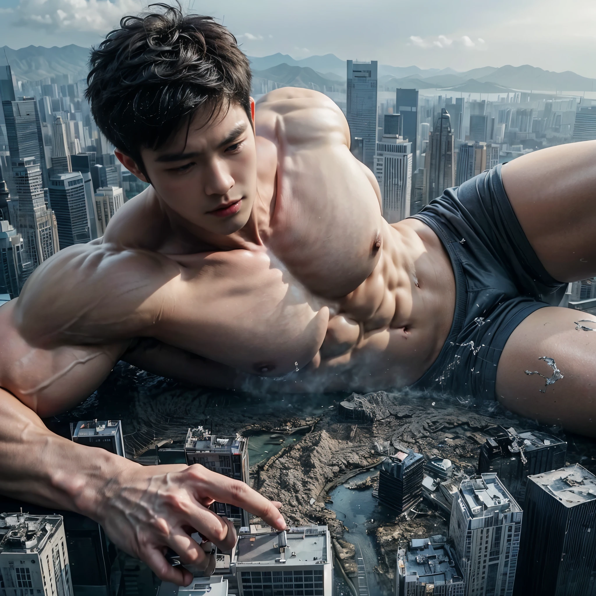 (masterpiece), ((cute korean guy:1.4)), a giant asian guy, handsome korean guy, wearing tight brief, ((wearing brief)), (massive pec muscles:1.3), very big muscles, massive muscles, (lying on the city:1.2), ((big bulge)), perfect hands, muscles, abs, hd, 8k, perspective, sky, city