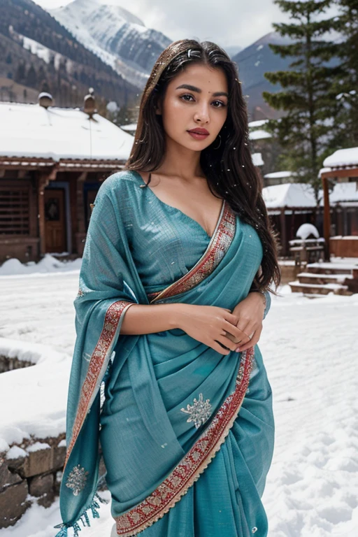 Q woman fully clothed in a sari, adorned with ornaments, standing confidently in a snow mountain setting. She should have blue eyes, red lips, and a beautiful face."
