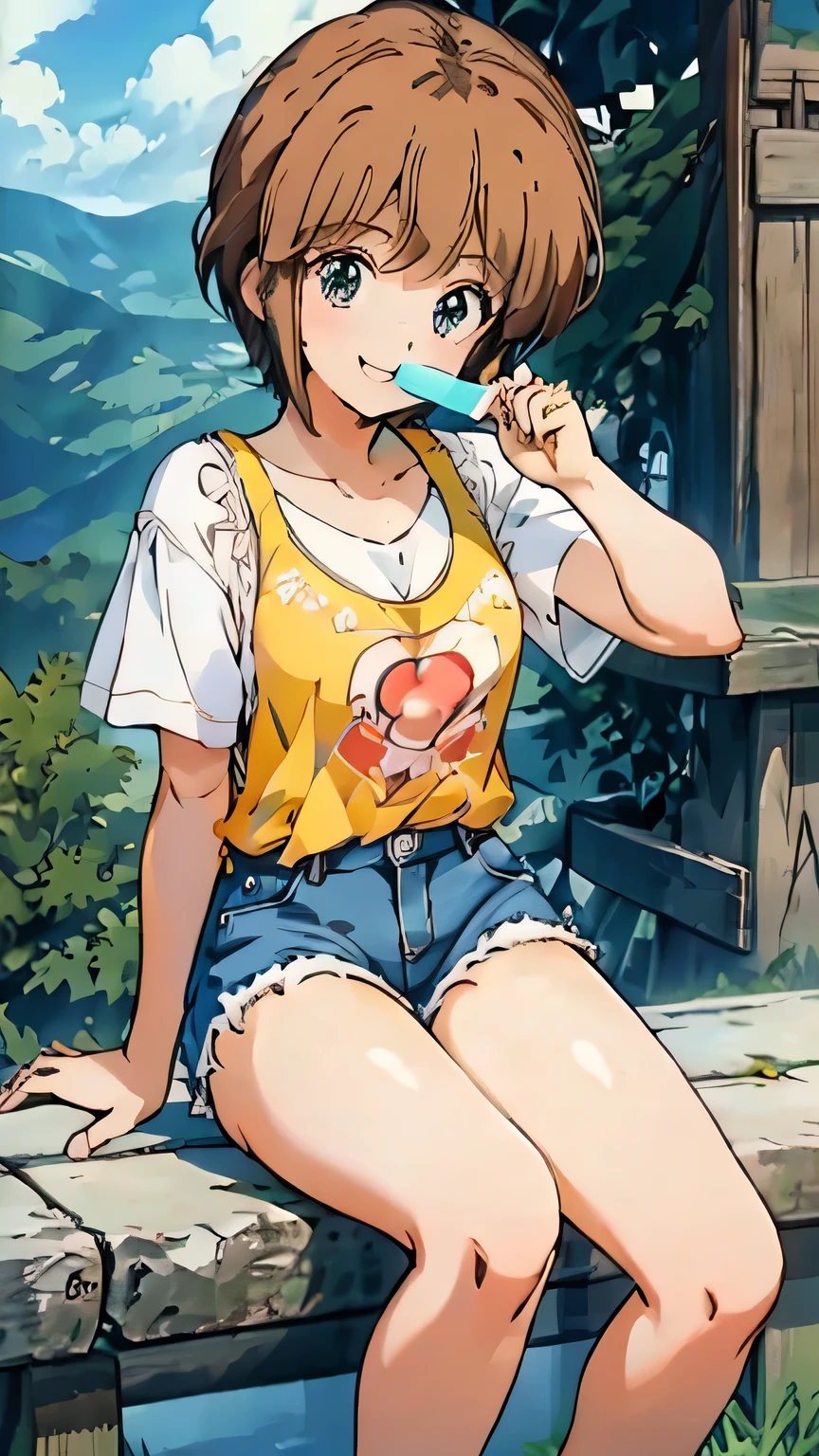 CG, unity, 8k, wallpaper, highest quality, masterpiece, haruka amami, (smile: 1.2), sitting on the engawa, yellow camisole BREAK denim shorts, barefoot, thighs, sweat, best lighting, complex pupils, complex textile, detailed background, Japanese countryside town, She shows the viewer a popsicle in her hand.