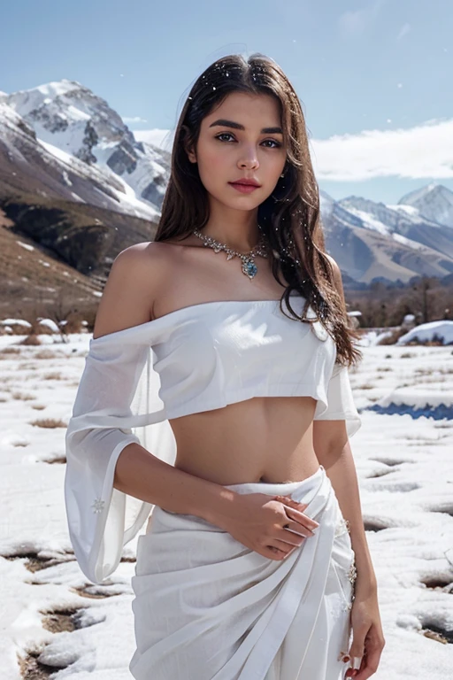 "Generate an image of a woman fully clothed in a white saree, adorned with ornaments, standing confidently in a snow mountain setting. She should have blue eyes, red lips, and a beautiful face."
