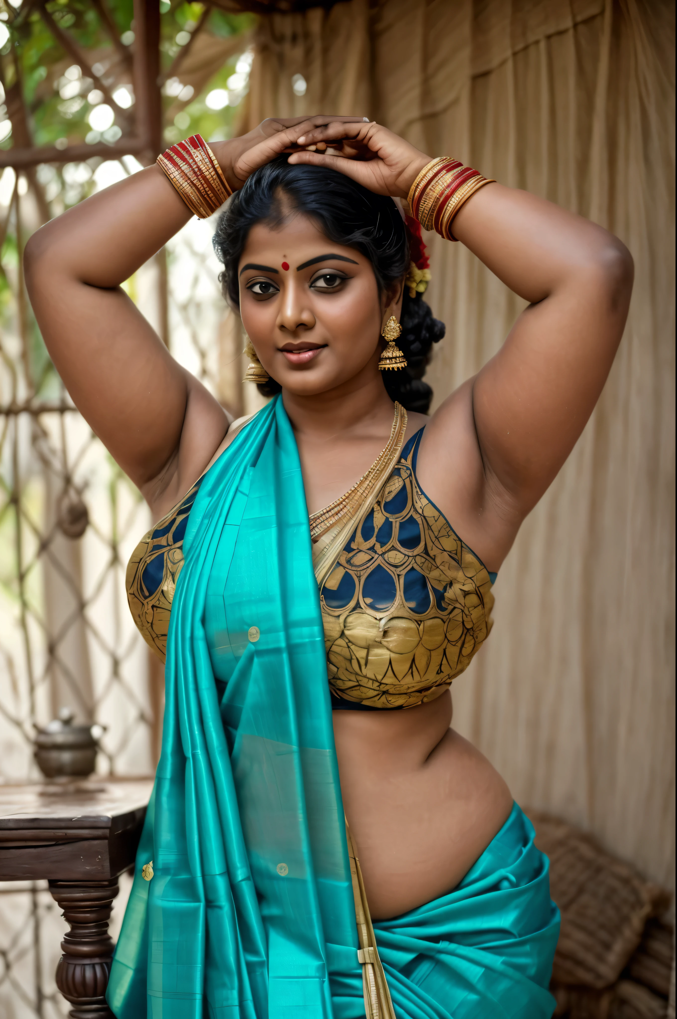 An Extremely gorgeous and beautiful Bengali village woman, 45 yo, pale white skin, sensual appealing body, perfect thick and chubby Beauty, wearing saree bare-chested, wearing a Bengali-style saree without a blouse,, ethnic vintage bengali village woman, bengali style saree, The sari was worn without a blouse and petticoat before the British Raj, baring one's chest or being blouseless, Bengalis a.k.a. Bongs are known for their unique Bengali fashion sense (the way they don that sari makes you go wow), Pre British Raj, Pre colonial era, Bengali Woman draping sari without blouse is a normal thing in pre British Era, bong woman, highly detailed armpits,