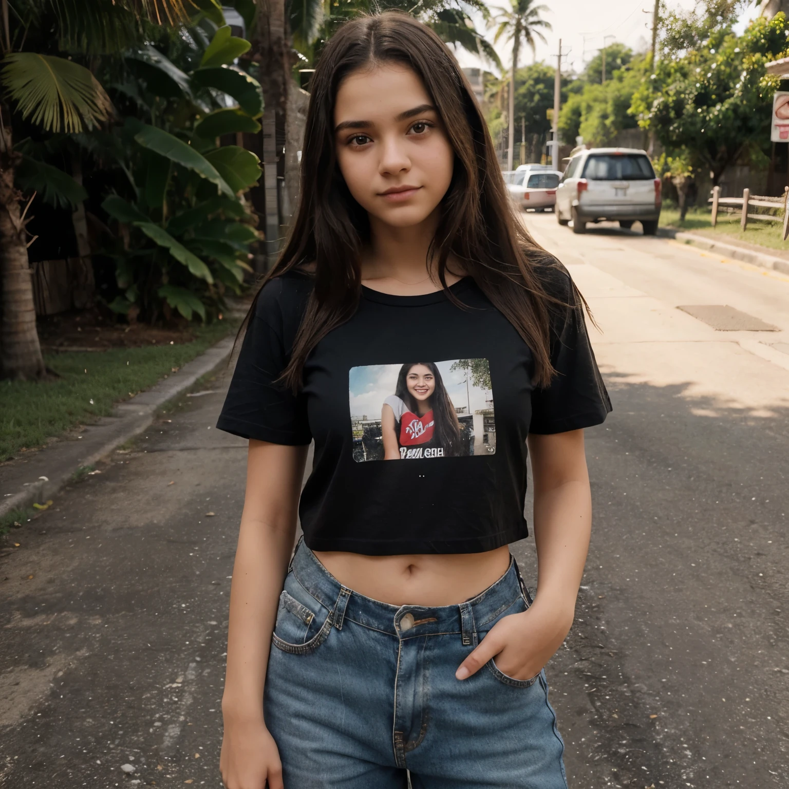 Crie uma de 14 anos adolescente,com cabelo grande Maron claro, branca,alegre,com uma blusa preta e uma saia branca com meia grande preta, middle class,the photo has to look like it was taken on a cell phone.