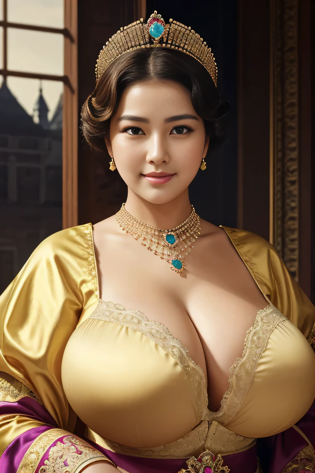 queen chubby, photo vintage, visage feminin parfait, , tache de rousseur, 1888, big huge breasts : 48J ,FRONT VIEW, Rembrandt LIGHT , EXTREME LONG V-NECK, VERY BIG CLEAVAGE, VERY ENORMOUS TITS, BEAUTIFUL EYES, BEAUTIFUL HANDS, LIGHT SMILES, PERFECT FACE, tres long décolleté, CASTLE BACKGROUND, QUEEN, NECKLACE, RING, JEWELERY RICH, SFW, FULL BODY, COLORFUL, KOREAN, ROYAL lingerie,
