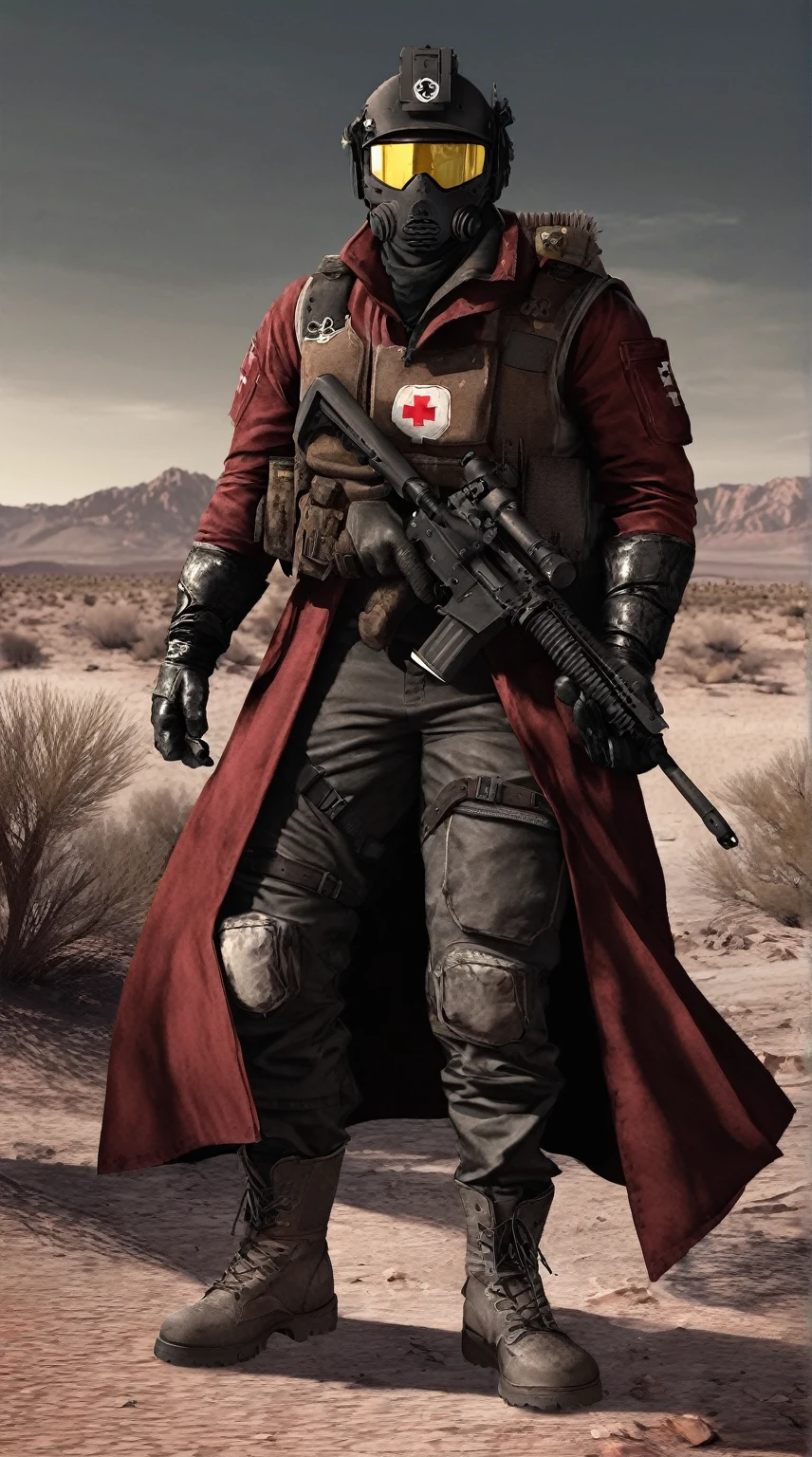 sci-fi black helmet, yellow helmet visor, dark red duster coat, grey tactical vest, black pants, combat boots, shoulder red cross symbol, Male soldier, sci-fi soldier, post apocalyptic, combat medic, hidden face, maroon overcoat, standing among the mojave wasteland, fallout new vegas