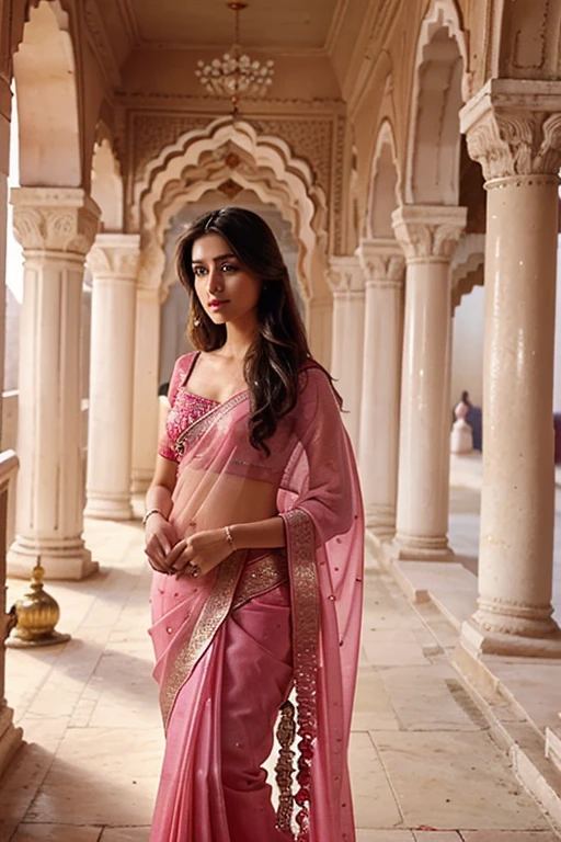 "Generate an image of a woman fully clothed in a pink saree, adorned with ornaments, standing confidently in a Palace . She should have blue eyes, red lips, and a beautiful face."