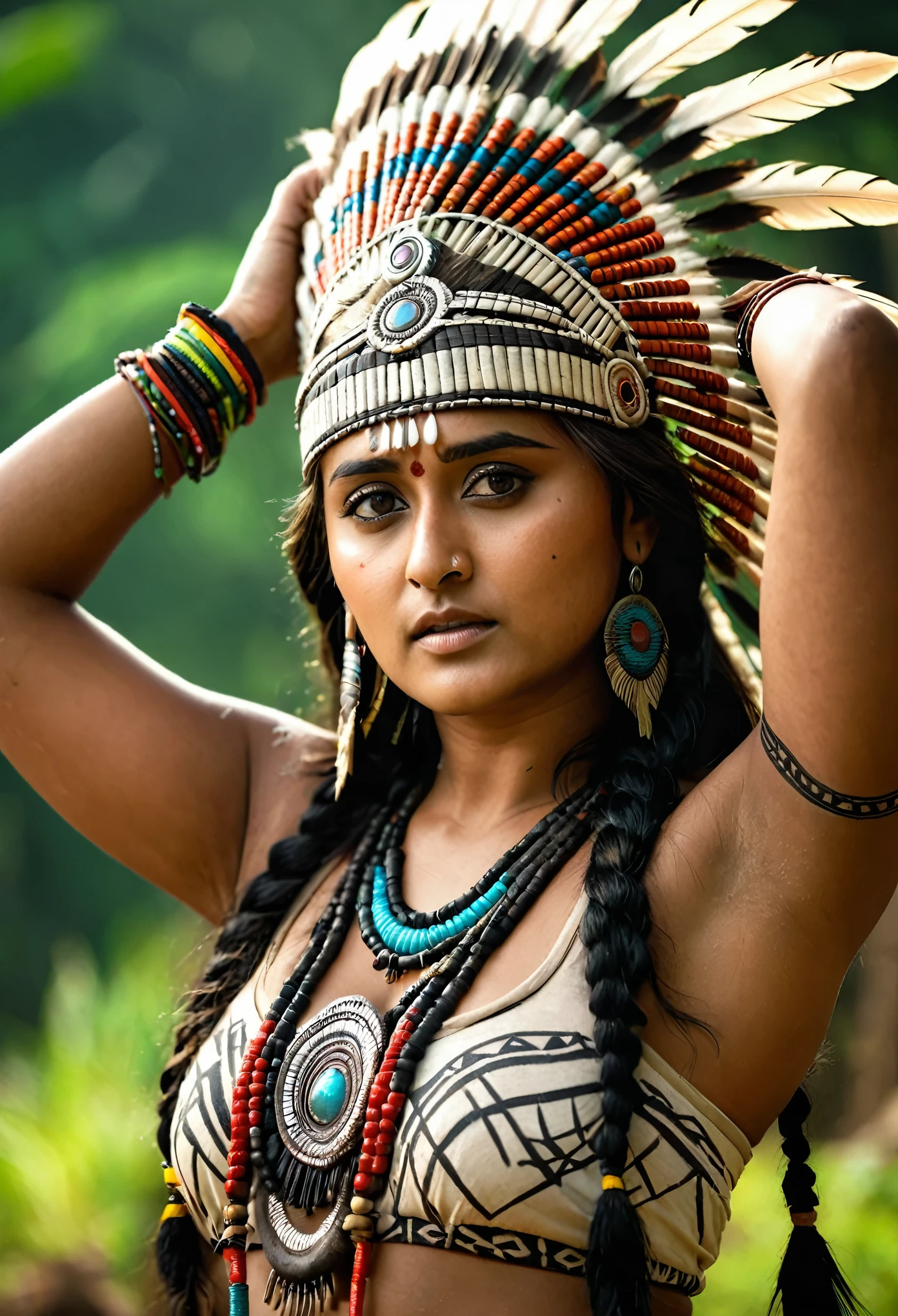 Foto RAW, looks like Anushka Shetty with realistic Indian headdress , tribal girl, stunning looks, tribal headdress, tattoos, colourful tribal tattoos, tribal white girl, Polynesian tribe, best quality , best cinematic colour grading, detailed lighting, high resolution , (pele altamente detalhada: 1.2), 8k UHD, DSLR, soft-lighting, alta qualidade, grain of film, Fujifilm XT3, highly detailed armpits, armpits hair,