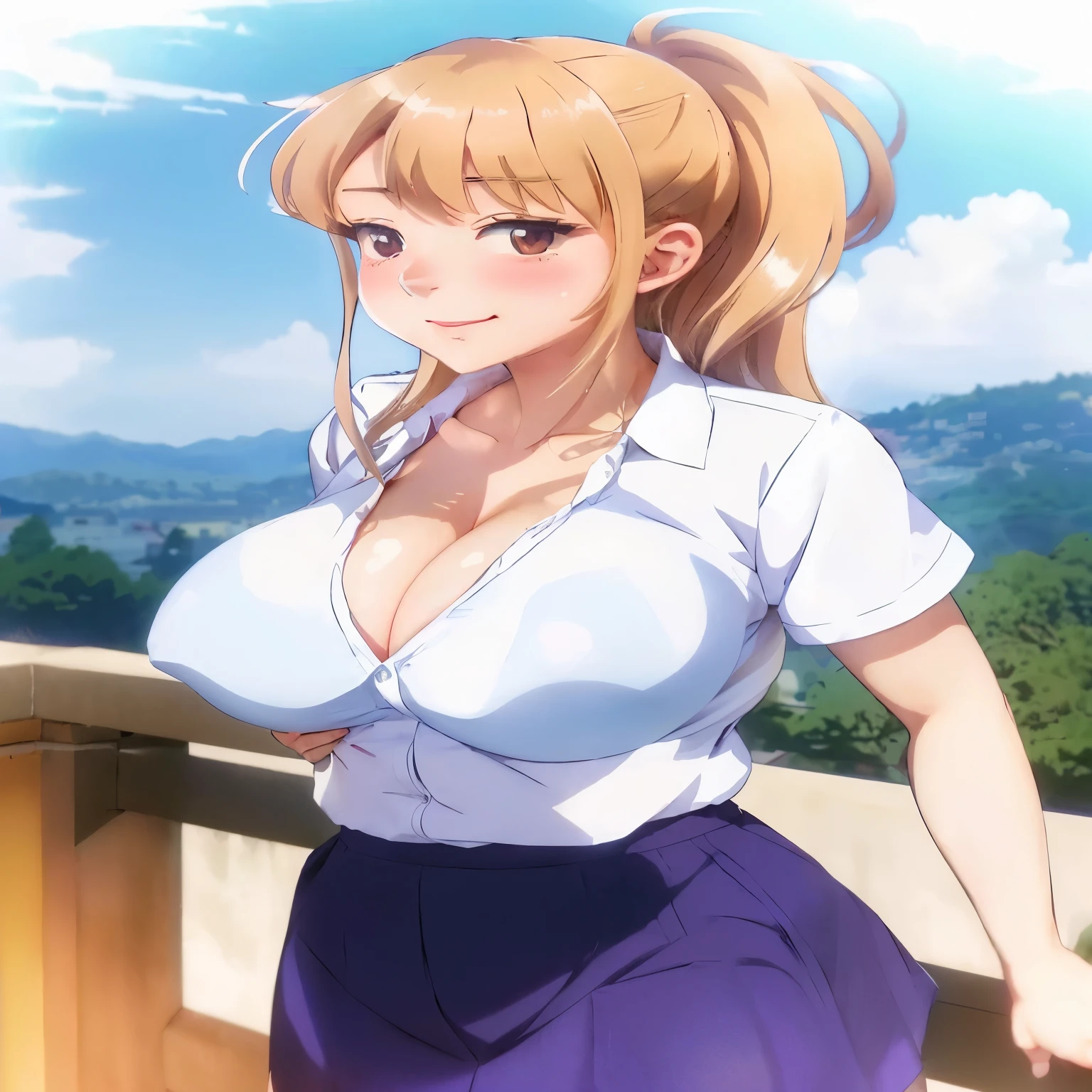a woman in a skirt and shirt posing on a balcony, big breasts!!, oppai, big breasts!, seductive anime girl, with a large breasts, beautiful alluring anime , anime best girl, beautiful anime high school girl, attractive anime girl, sfw huge breasts, ecchi anime style, with large breasts, nagatoro, big breasts