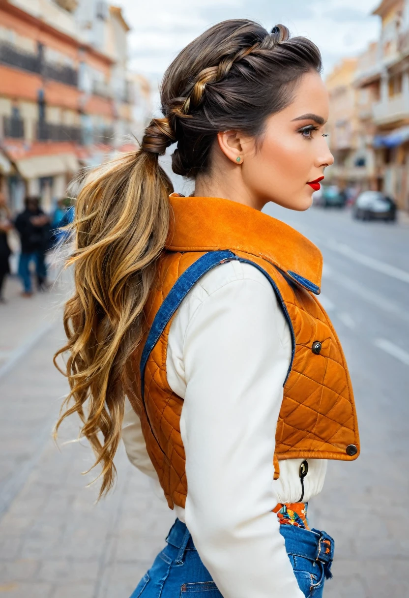 Un mujer, solo, pelo largo, mirando al espectador, ojos azules, guantes, chaqueta,, trenza, pelo blanco, tiro de vaquero, labios entreabiertos, looking back, pantalones, adentro, from behind, pelo naranja, labios, diadema, mangas enrolladas arriba, nariz, pantalon verde, guantes amarillos,