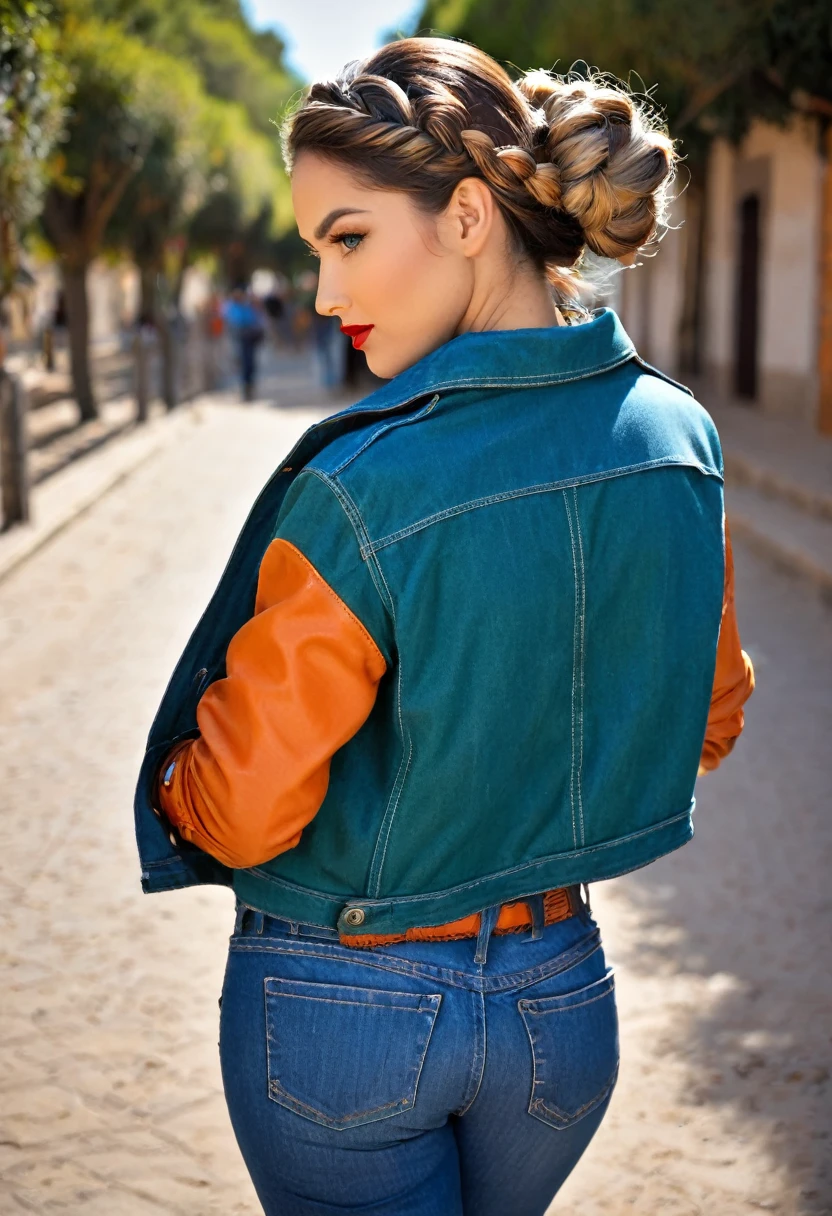 Un mujer, solo, pelo largo, mirando al espectador, ojos azules, guantes, chaqueta,, trenza, pelo blanco, tiro de vaquero, labios entreabiertos, looking back, pantalones, adentro, from behind, pelo naranja, labios, diadema, mangas enrolladas arriba, nariz, pantalon verde, guantes amarillos,