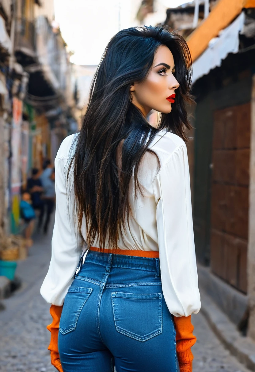 Un mujer, solo, pelo largo, mirando al espectador, ojos azules, guantes, chaqueta,, trenza, pelo blanco, tiro de vaquero, labios entreabiertos, looking back, pantalones, adentro, from behind, pelo naranja, labios, diadema, mangas enrolladas arriba, nariz, pantalon verde, guantes amarillos,