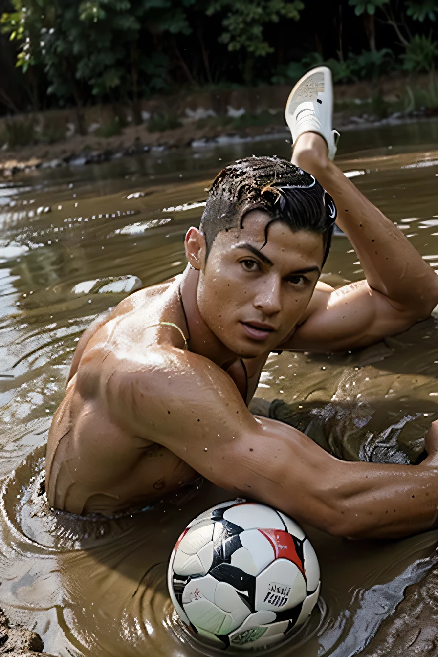Cristiano Ronaldo fell into the mud after a ball