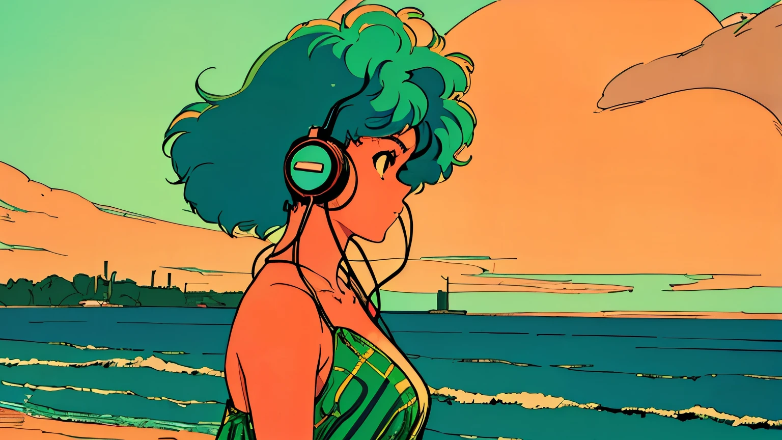 City pop style art,Green Hair, Afro Hair, Wearing headphones, Futuristic yet lo-fi, Retro, Vintage, Ghost,masterpiece, Ocean, Swimwear, ennui, profile, Are standing (( Beach at night )), ((Wide Shot ))